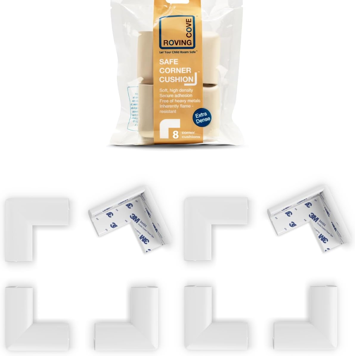 Roving Cove Slim-Fit Corner Protector for Baby Proofing (8 Small Corners), Soft Rubber Foam Furniture Corner Bumper Guards, 3M Adhesive Pre-Taped, Oyster White (Off White)