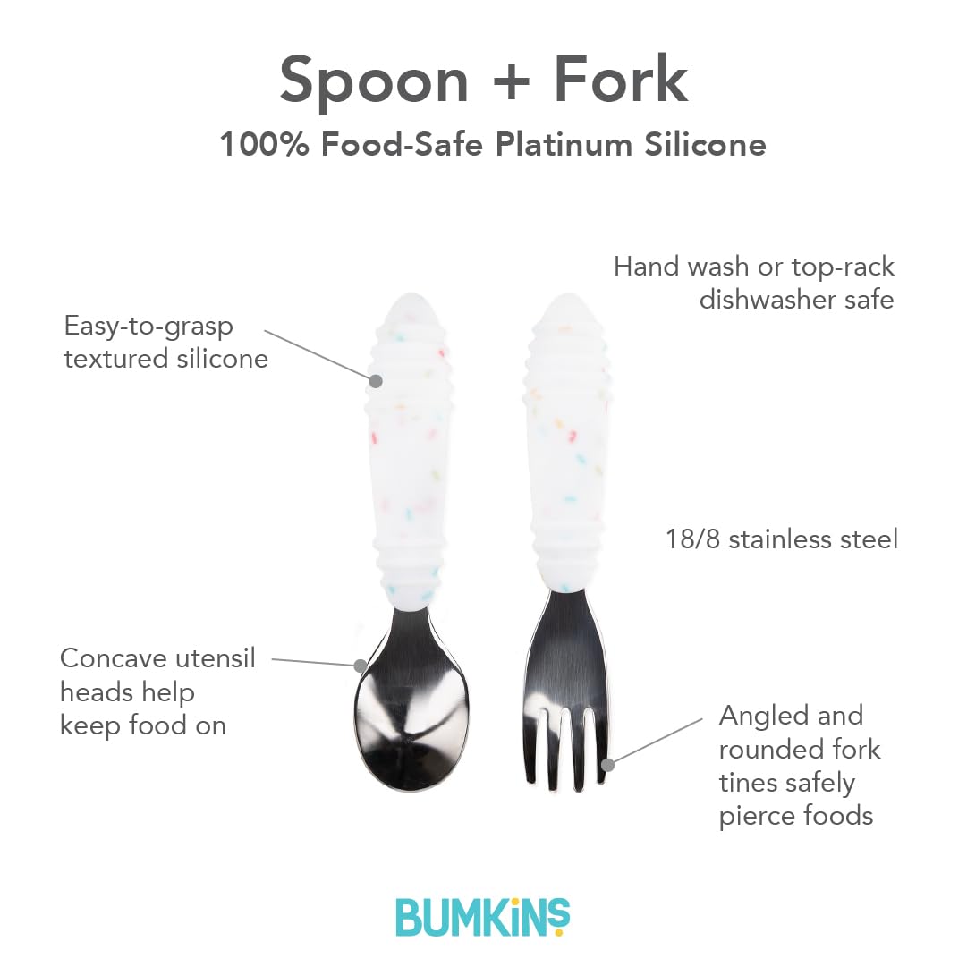 Bumkins Toddler Utensils, Kids Size Fork and Spoon Set, Silicone and Stainless-Steel Training Silverware, Angled Forks/Sporks Feeding, Children Hold Learning to Eat, 18 Mos Up, Vanilla Sprinkles