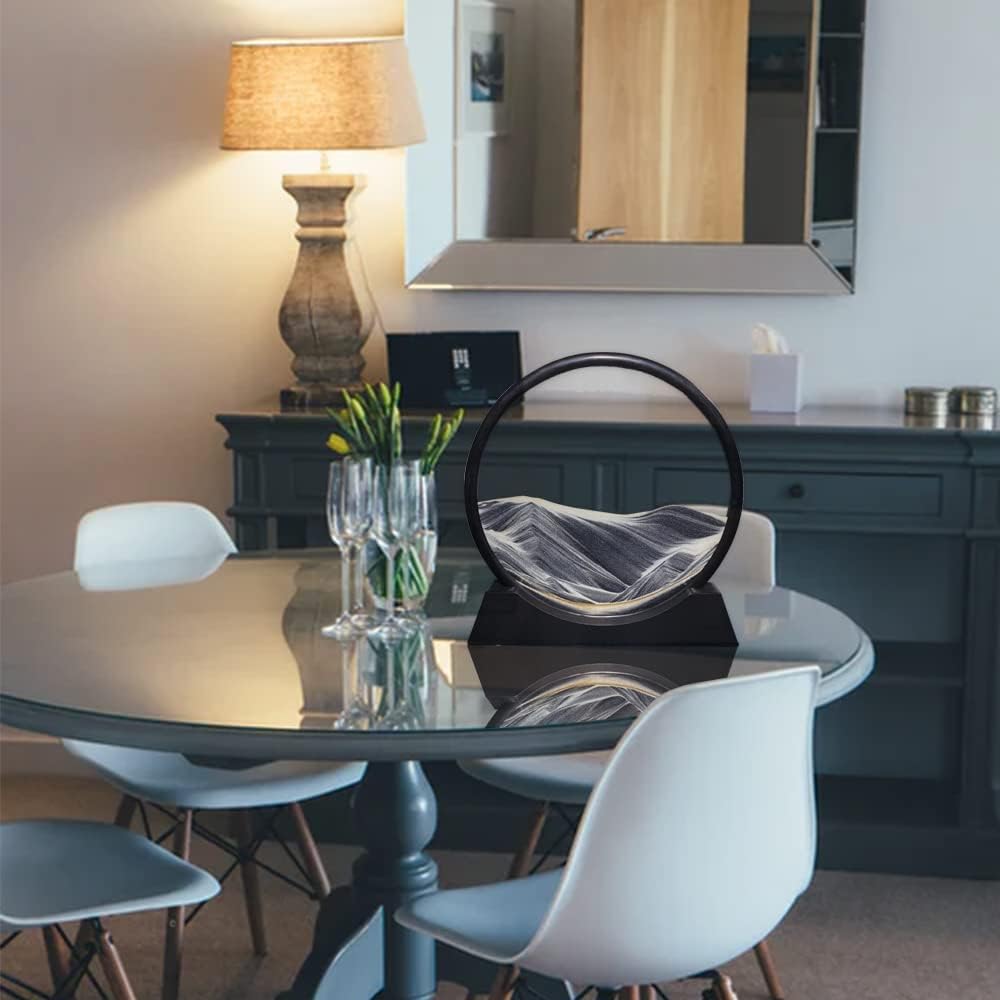 Aoderun Moving Sand Art Picture Round Glass 3D Deep Sea Sandscape in Motion Display Flowing Sand Frame Relaxing Desktop Home Office Work Decor (12", New black)