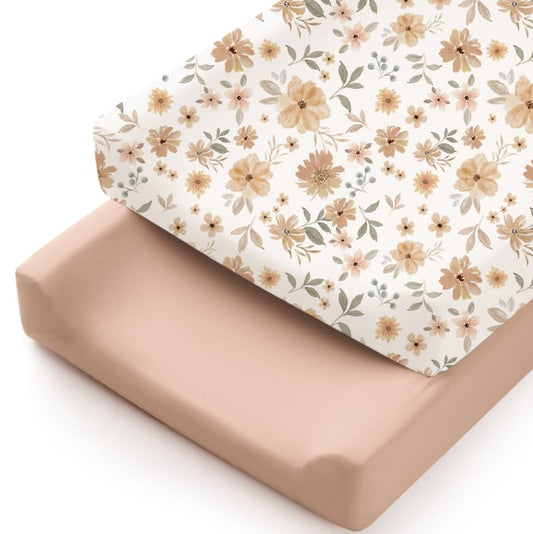 Konssy 2 Pack Stretchy Changing Pad Covers for Girl, Boy, Silky Soft Changing Table Cover, Breathable Baby Nursery Diaper Chang Pad Sheets (Toffee, Flourish)