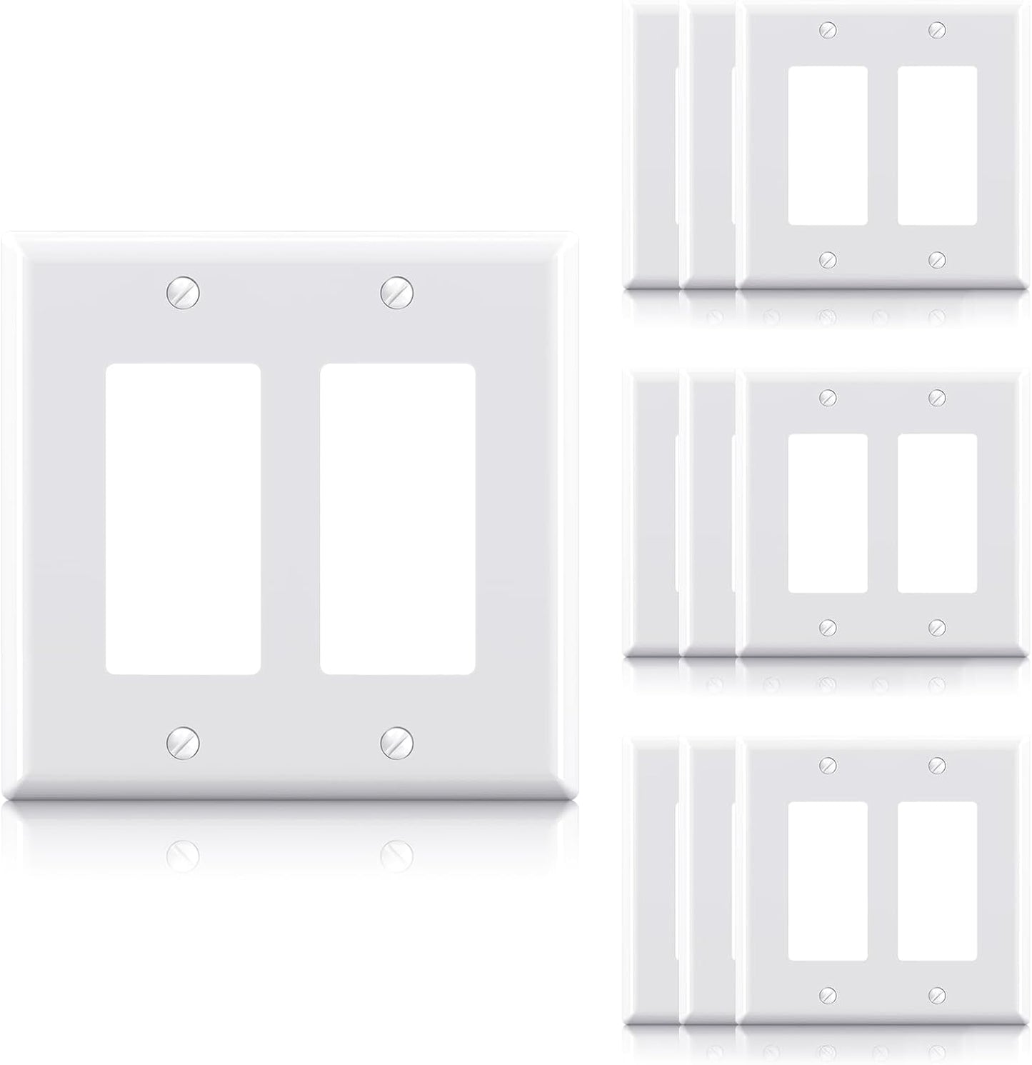 ELEGRP 2-Gang Decorative Wall Plates, Mid-Size 4.88" H x 4.94" L Unbreakable Thermoplastic Faceplate Cover for Decorator Receptacle Outlet Switch, UL Listed (10 Pack, Glossy White)