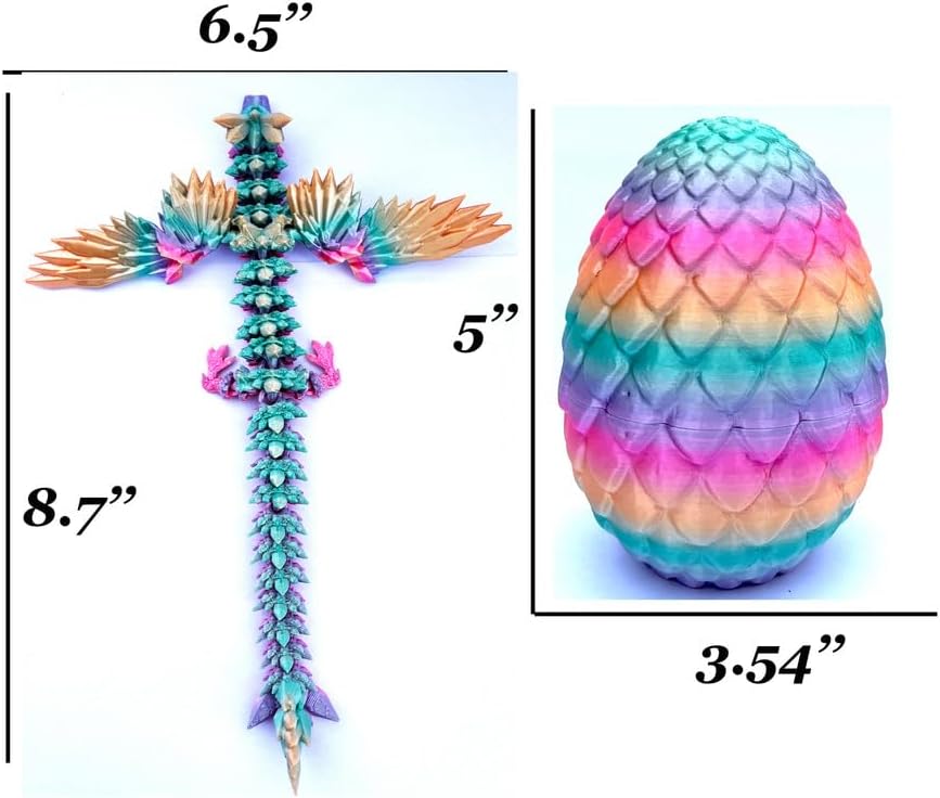 3D Printed Dragon Egg, 12inch Dragon Fidget Toys with Wings Easter Basket Stuffers Executive Desk Toys Crystal Dragon for Autism/ADHD Home Office Decor