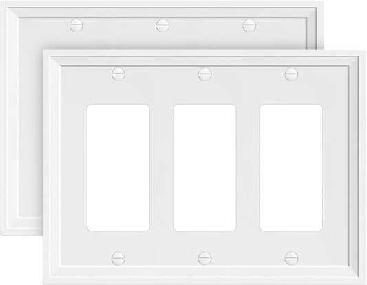 2-Pack Triple Decorator Outlet Cover Plate, White Decorative Switch Plates and Outlet Covers, Natural Bamboo Fiber Wall Plates for Electrical Outlets, Receptacle, GFCI Outlet, Dimmer Switch