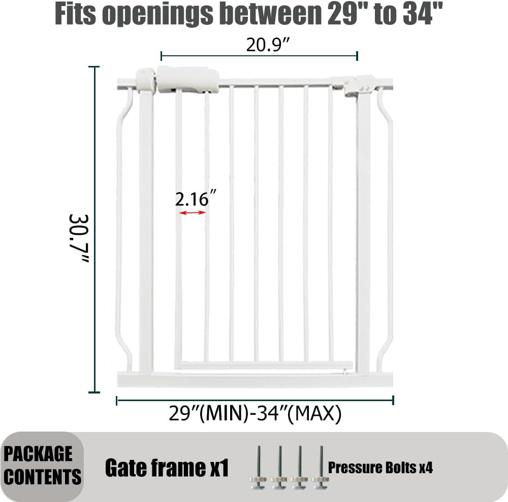 29-34 Inch Baby & Pet Gate - White Metal, Pressure Mounted, Walk Through Safety Gate for Narrow Stairs & Doorways