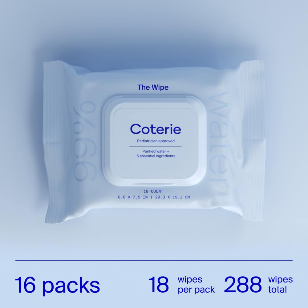 Coterie Baby Travel Size Wipes for Sensitive Skin, Plant-Based and Plastic-Free Fibers, 99% Water, Hypoallergenic, pH Balanced, Unscented, Clean and Gentle Baby Essentials, 16 Travel Packs, 288 Count
