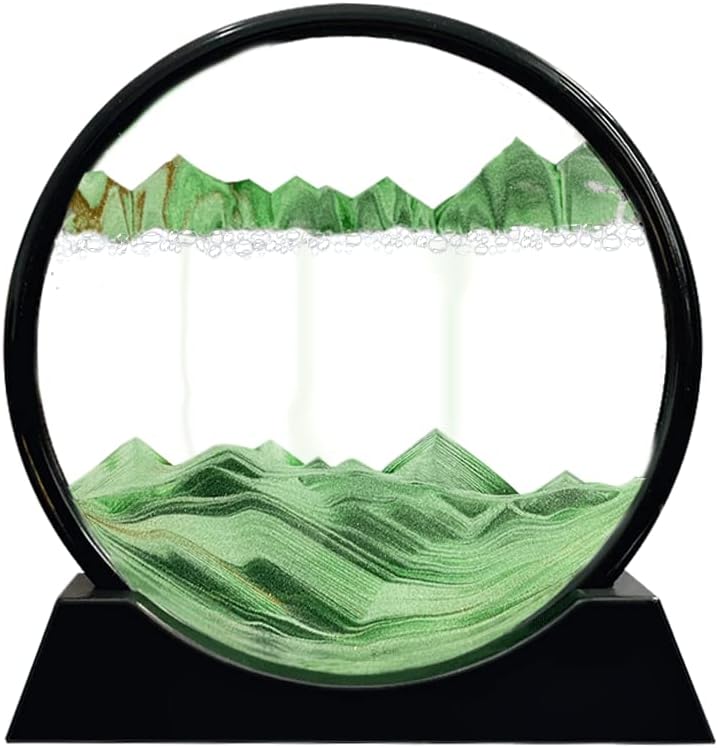 Aoderun Moving Sand Art Picture Round Glass 3D Deep Sea Sandscape in Motion Display Flowing Sand Frame Relaxing Desktop Home Office Work Decor (12", Green)
