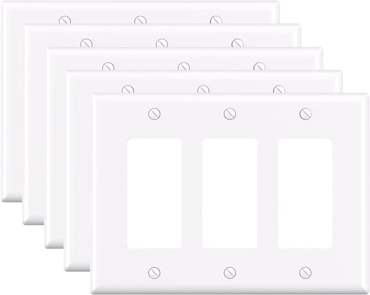 ELEGRP 3-Gang Decorative Wall Plates, Mid-Size 4.88" H x 6.75" L Unbreakable Thermoplastic Faceplate Cover for Decorator Receptacle Outlet Switch, UL Listed (5 Pack, Glossy White)