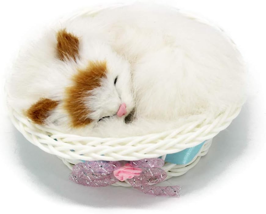 Sleeping Cat in Basket Doll Toy, Kitten in Basket with Meows Sounds Decor for Office Desk Hand Toy Gift for Kids Boys Girls