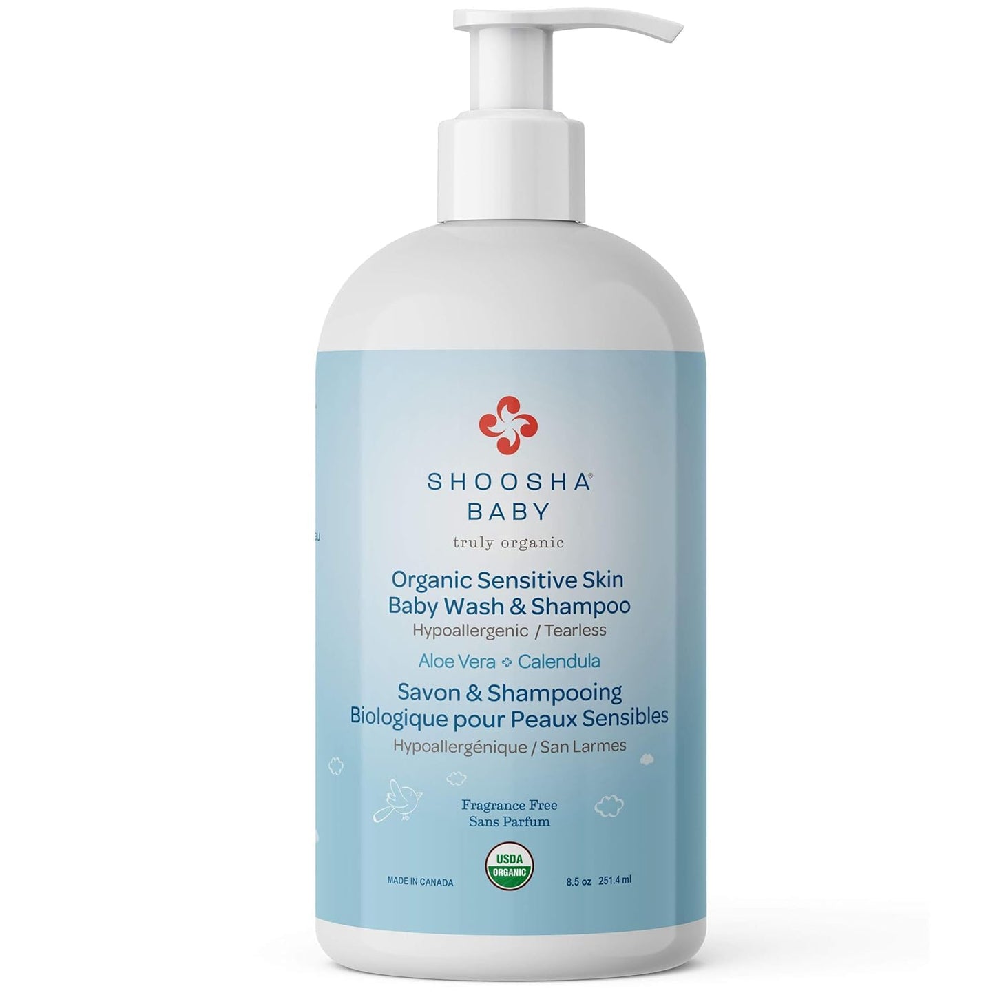 SHOOSHA Organic Sensitive Skin Baby Body Wash and Shampoo, 8.5oz, Hypoallergenic , Tear Free Safe for Kids and Pets