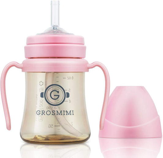 GROSMIMI Spill Proof no Spill Magic Sippy Cup with Straw with Handle for Baby and Toddlers, Customizable, PPSU, BPA Free 6 oz (Pink)