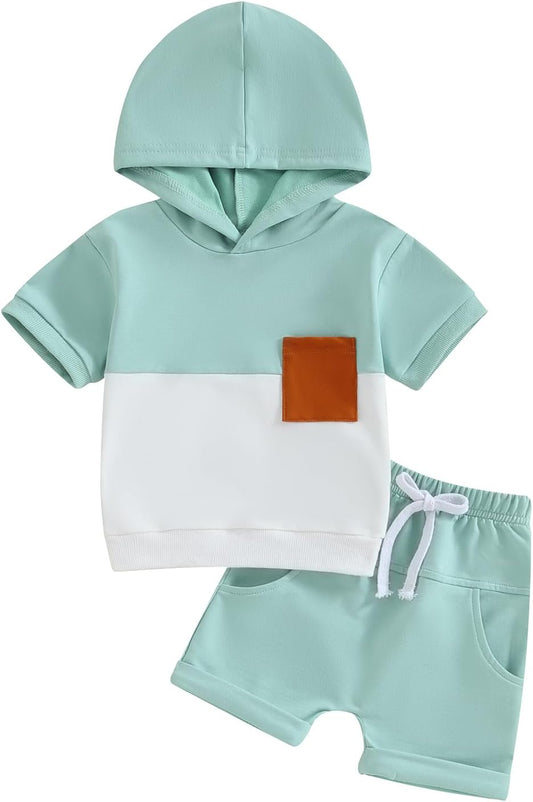 Toddler Baby Boy Summer Hooded Outfit Contrast Color Short Sleeve T Shirt Top Elastic Shorts Summer Clothes Set