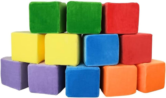 Wonder Space Plush Foam Blocks - Nursery Building & Stacking Toys for Toddlers Boys & Girls, Soft Smooth Velvet Cover, Early Education Gross Motor Skills & Brain Development (12 Cubes, Classic)