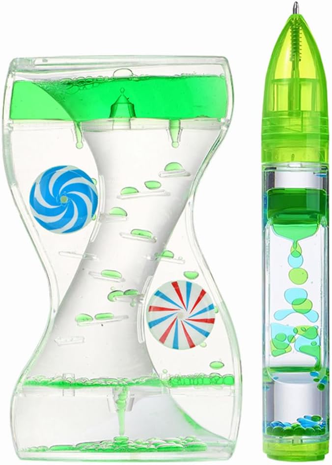 Liquid Motion Bubbler Pens Duple Wheel Colorful Timer Fidget Pens for Kids Sensory Toys Liquid Motion Bubbler Pen for Stress Relief and Anxiety Desk Toys Bubbler Timer Gifts for Kids 2 Pack Geen
