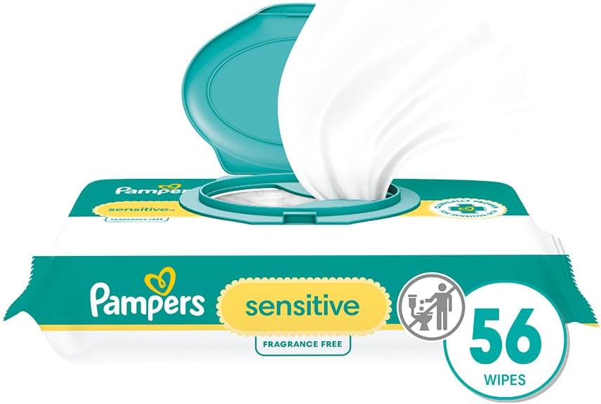 Pampers Baby Wipes Sensitive, Water Based Baby Wipes, Hypoallergenic and Unscented Baby Wipes, 56 Wipes Total (1 Flip-Top Packs)