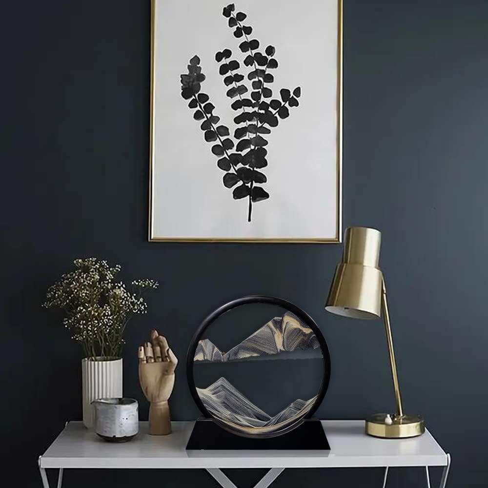 Aoderun Moving Sand Art Picture Round Glass 3D Deep Sea Sandscape in Motion Display Flowing Sand Frame Relaxing Desktop Home Office Work Decor (12", New black)