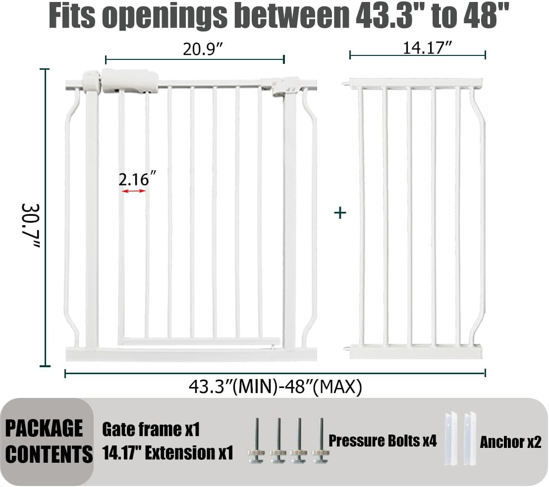 Extra Wide Baby Gate - 43.3-48 Inch Tension Mounted Safety Child & Pet Gate - White Metal - Walk Through - Long - for House Doorways & Stairs