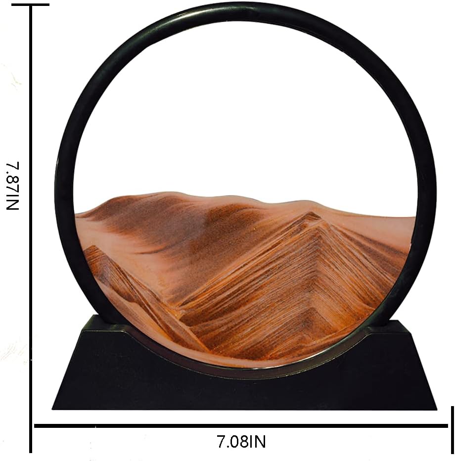 Aoderun Moving Sand Art Picture Round Glass 3D Deep Sea Sandscape in Motion Display Flowing Sand Frame Relaxing Desktop Home Office Work Decor (7", Orange)