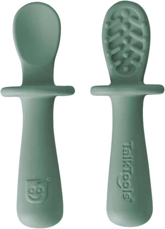 TalkTools ITSY Tiny Silicone Spoons – Twin Pack Soft Silicone Self-Feeding Training Spoons for Kids & Toddlers, Anti-Choking Flange Guard and Non-Slip Handle (Sage)