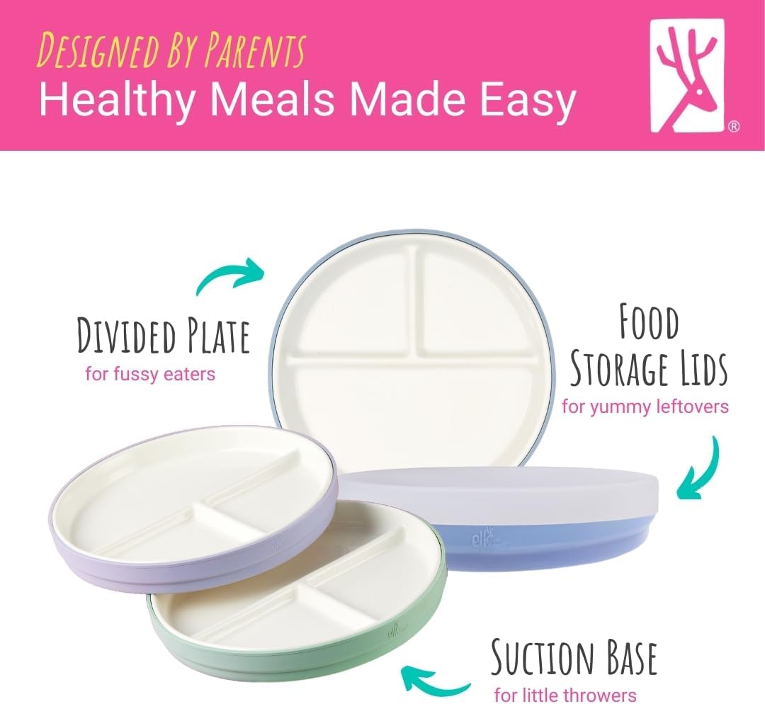 Elk and Friends Kids 7.8” Porcelain Divided Plates with Silicone Suction Sleeves + Lids | Suitable for Kids/Toddlers | Microwave & Dishwasher Safe | Non Slip | Snack Dishes | 4 Pack
