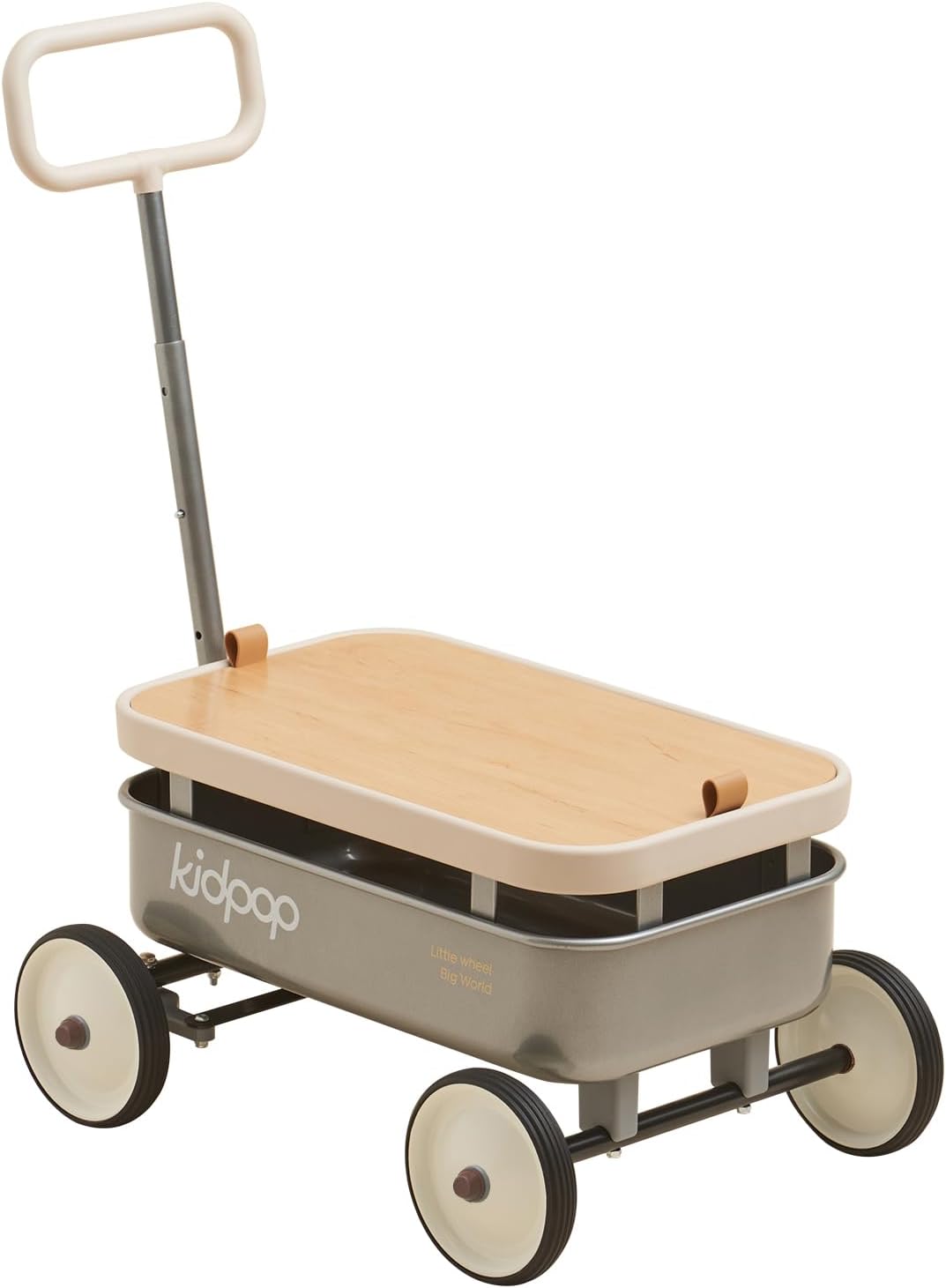 kidpop PULA-Wild 3-in-1 Kids' Pull-Along Wagon Toddlers Push Walker for 2.5-8, Removable Wooden Cover and Adjustable Handlebar, Birthday Gifts Max Weight 33 lbs (Grey)