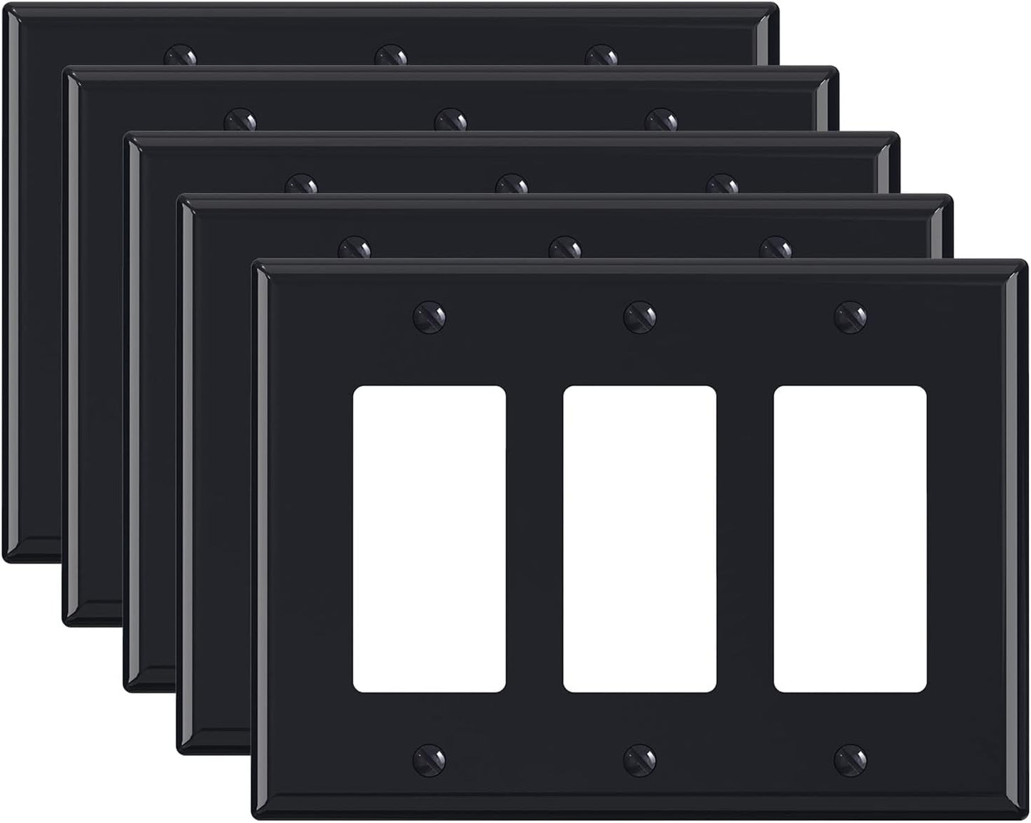 ELEGRP 3-Gang Decorative Wall Plates, Mid-Size 4.88" H x 6.75" L Unbreakable Thermoplastic Faceplate Cover for Decorator Receptacle Outlet Switch, UL Listed (5 Pack, Glossy Black)