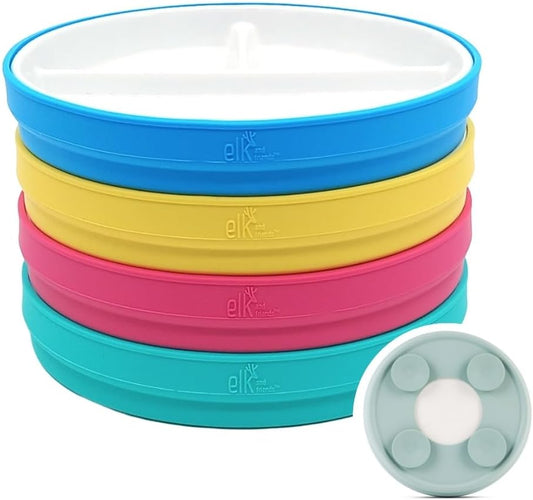 Elk and Friends Kids 7.8” Porcelain Divided Plates with Silicone Suction Sleeves | Suitable for Kids/Toddlers | Microwave & Dishwasher Safe | Non Slip | Snack Dishes | 4 Pack