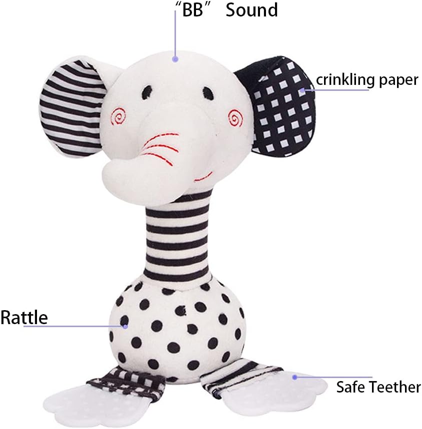 D-KINGCHY Baby Toys 0-12 Months, Black and White Newborn Toys, Soft Plush Rattle Stuffed Animal Toy with Teether and Sound, Developmental Hand Grip Toys (Elephant)