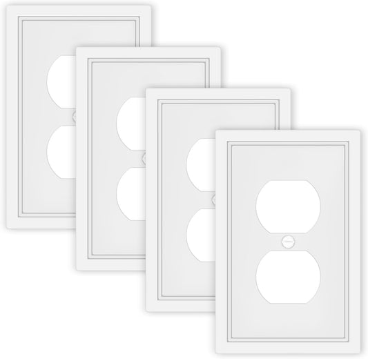 White Decorative Outlet Cover Wall Plates, Classic Switch Plates and Outlet Covers, Natural Bamboo Fiber Wall Plates for Electrical Outlets, Duplex Receptacle Cover - 4 Pack