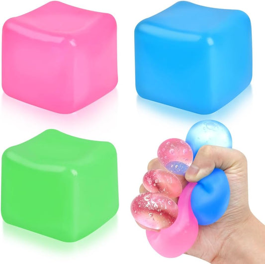 3 Pack Stress Cube - Squishy Sensory Fidget Toy for Adults and Kids, Anxiety Relief Toys with Groovy Goo Filling in Pink Blue Green