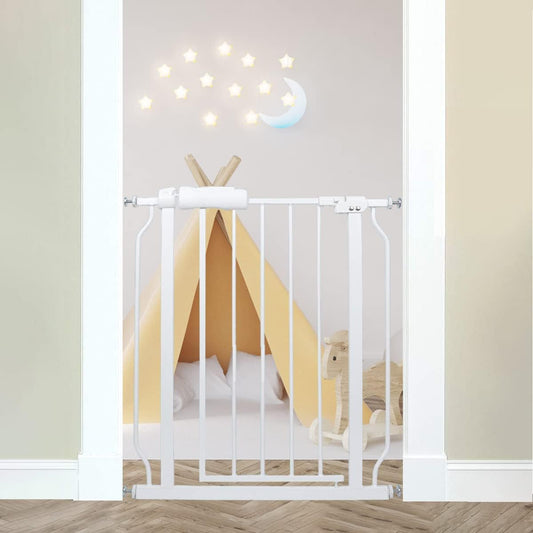 24-29 Inch Narrow Baby Gate, Pressure Mounted No Drilling Dog Gate for Stairs & Doorways, White Metal Safety Gate Indoor for Kids and Pets