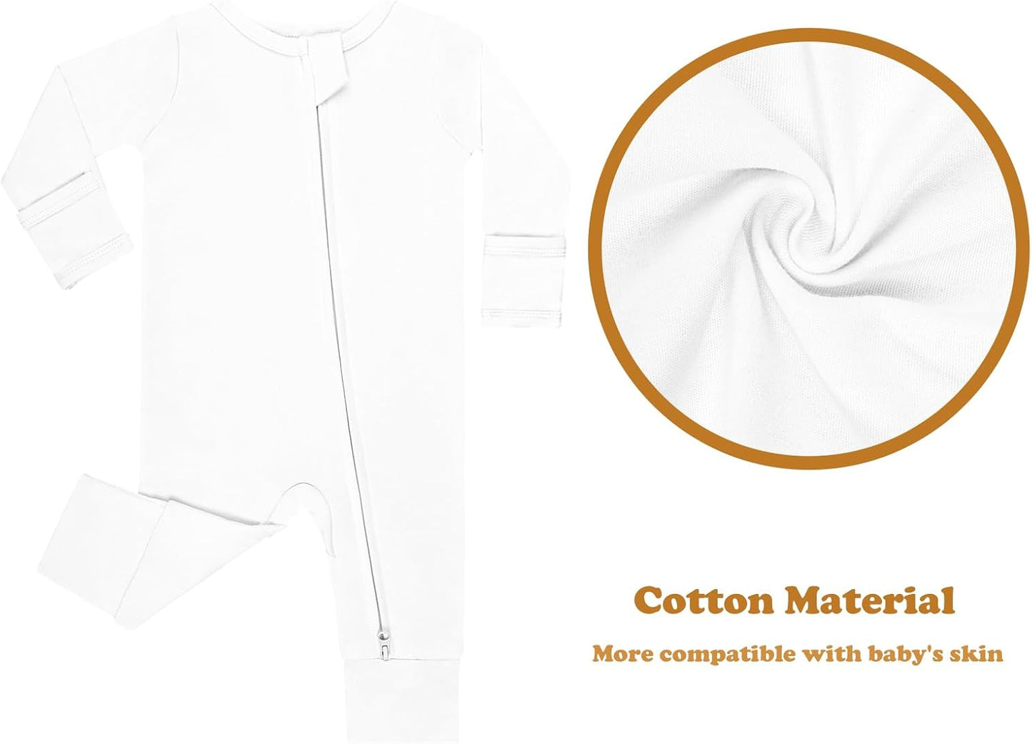 GUISBY Long Sleeve Cotton Pajamas Footless Baby Bodysuits with Zipper and Mittens 3-Pack for Boys Girls