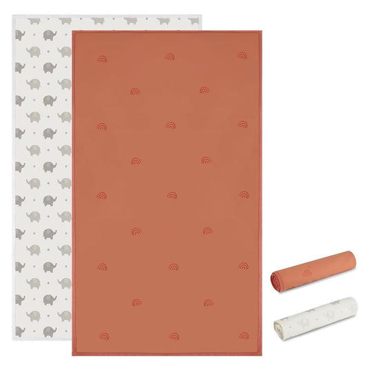 Vegan Leather Baby Changing Mat - Wipeable Portable Changing Pad 2 Pack, Foldable Travel Changing Mat for Baby, Newborns Toddlers Shower Gifts (Rainbow&Elephant,15.75"*28")