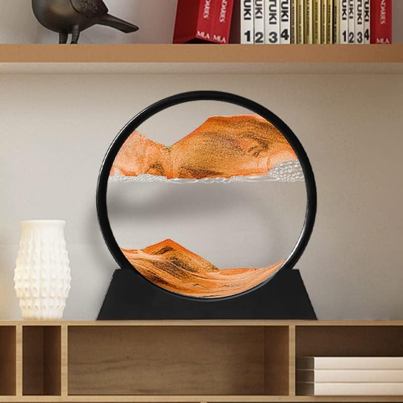 Moving Sand Art Picture 3D Deep Sea Sandscapes Sand Art Liquid Motion Bubbler Timer for Adult Kid Desktop Art Toys for Home Decor and Office(Round+Gold+10In)