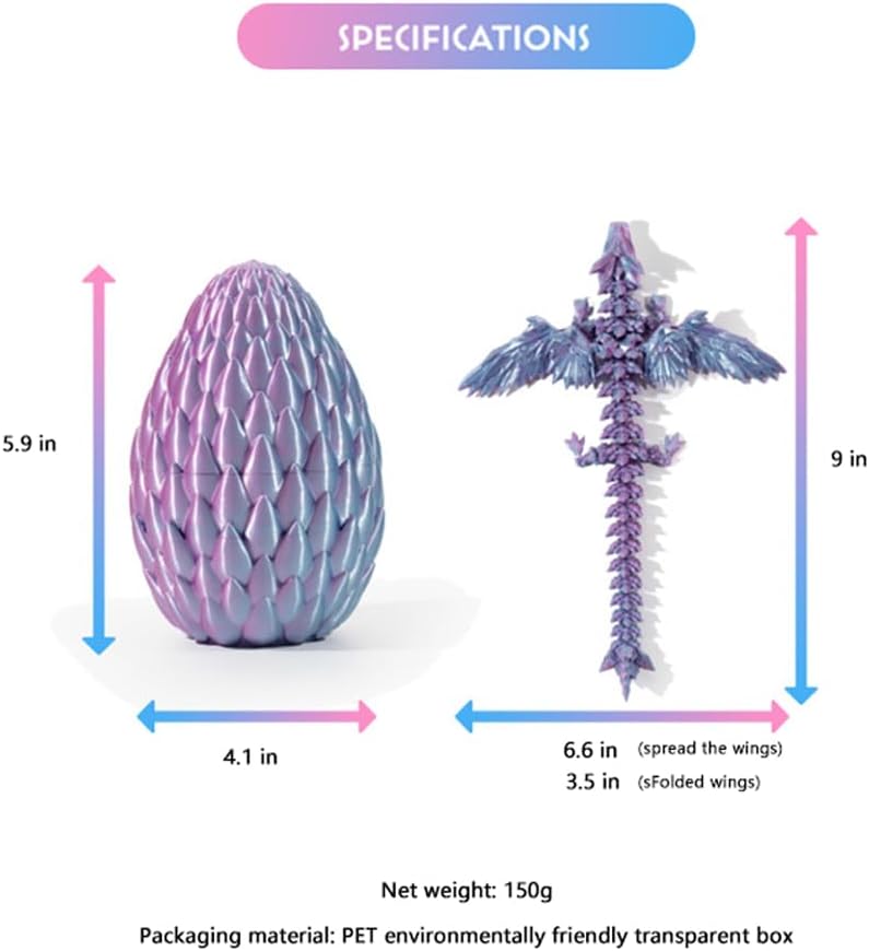 GerRit 3D Printed Dragon，Crystal Dragon，3D Printed Stuff，Dragon Fidget Toy，3D Dragon Eggs with Dragon Inside，Home Office Decoration, Administrative Desk Toys (Rainbow Color)