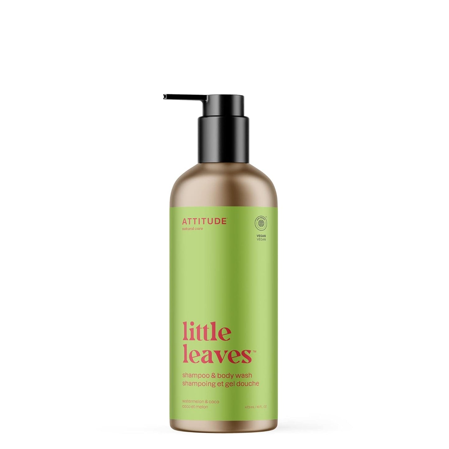 ATTITUDE Shampoo and Body Wash for Kids, EWG Verified Hair and Body Cleanser, Dermatologically Tested Soap, Plant and Mineral Based Bath, Vegan, Refillable Bottle, Watermelon and Coco, 16 Fl Oz