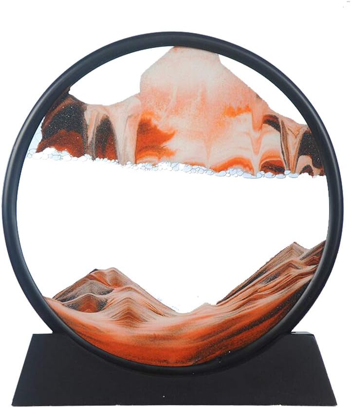 Aoderun Moving Sand Art Picture Round Glass 3D Deep Sea Sandscape in Motion Display Flowing Sand Frame Relaxing Desktop Home Office Work Decor (12", Orange)