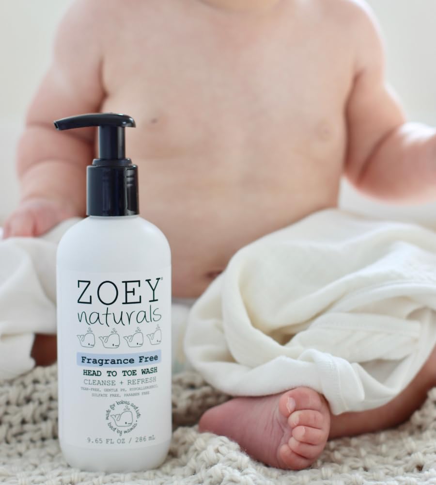 Zoey Naturals Fragrance-Free Head to Toe Baby & Toddler Wash – Tear-Free Body Wash and Shampoo with Gentle pH for Sensitive Skin – 9.65 oz