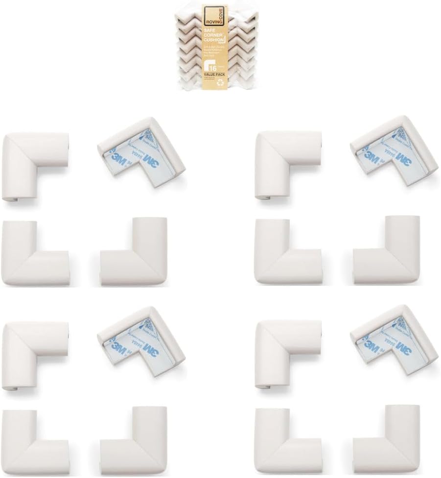 Roving Cove HeftyFit Corner Protector for Baby (16 Large Corners), Heavy-Duty Soft Rubber Foam Furniture Corner Bumper Guards, 3M Adhesive Pre-Taped, Oyster White (Off White)