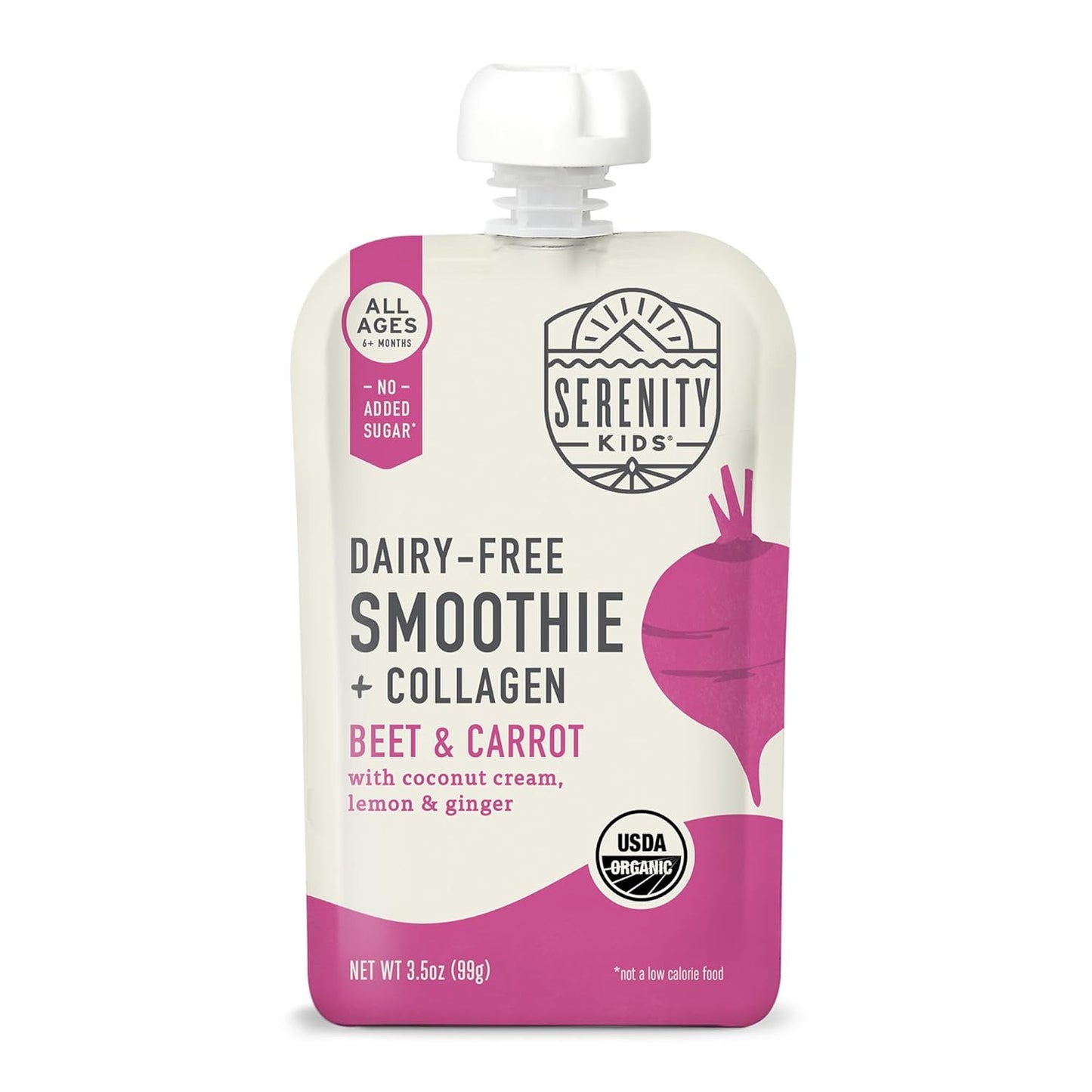 Serenity Kids 6+ Months Dairy-Free Smoothie Baby Food Pouch - USDA Organic - Grass Fed Collagen Protein - 3.5 Ounce BPA-Free Pouch - Beet & Carrot - 6 Count