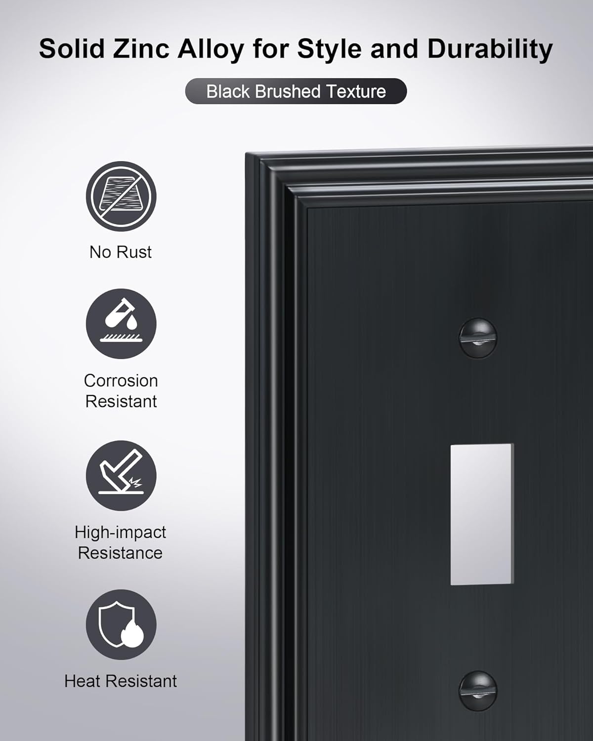 4-Pack Single Toggle Light Switch Cover Plate, Durable Solid Zinc Alloy Decorative Switch Plate Covers, Black 1 Gang Wall Plate, Corrosion Resistant