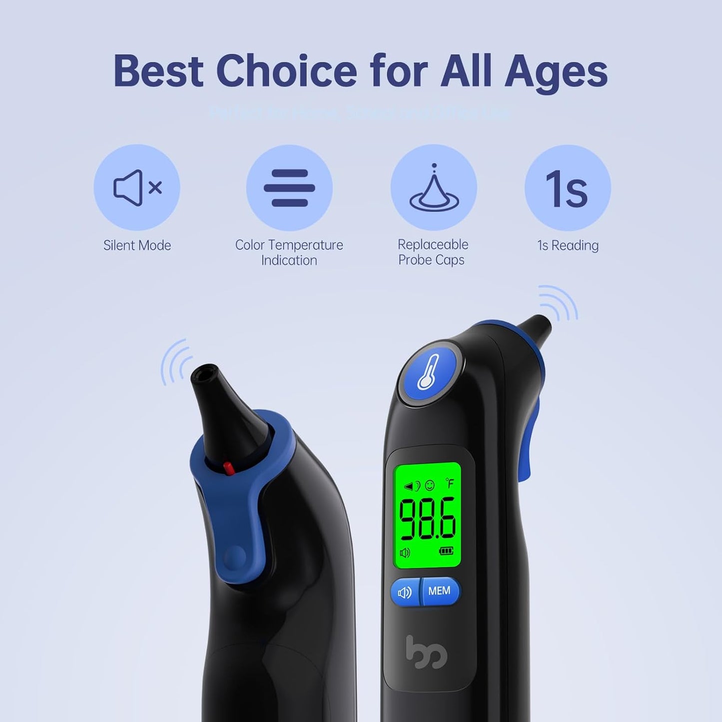 Ear Thermometer, Highly Accurate Ear Thermometer for Kids, Adults and Babies, 30 Memory Recall, 1s Result and 3-Color Fever Alert, with 24 Disposable Probe Covers, Blue