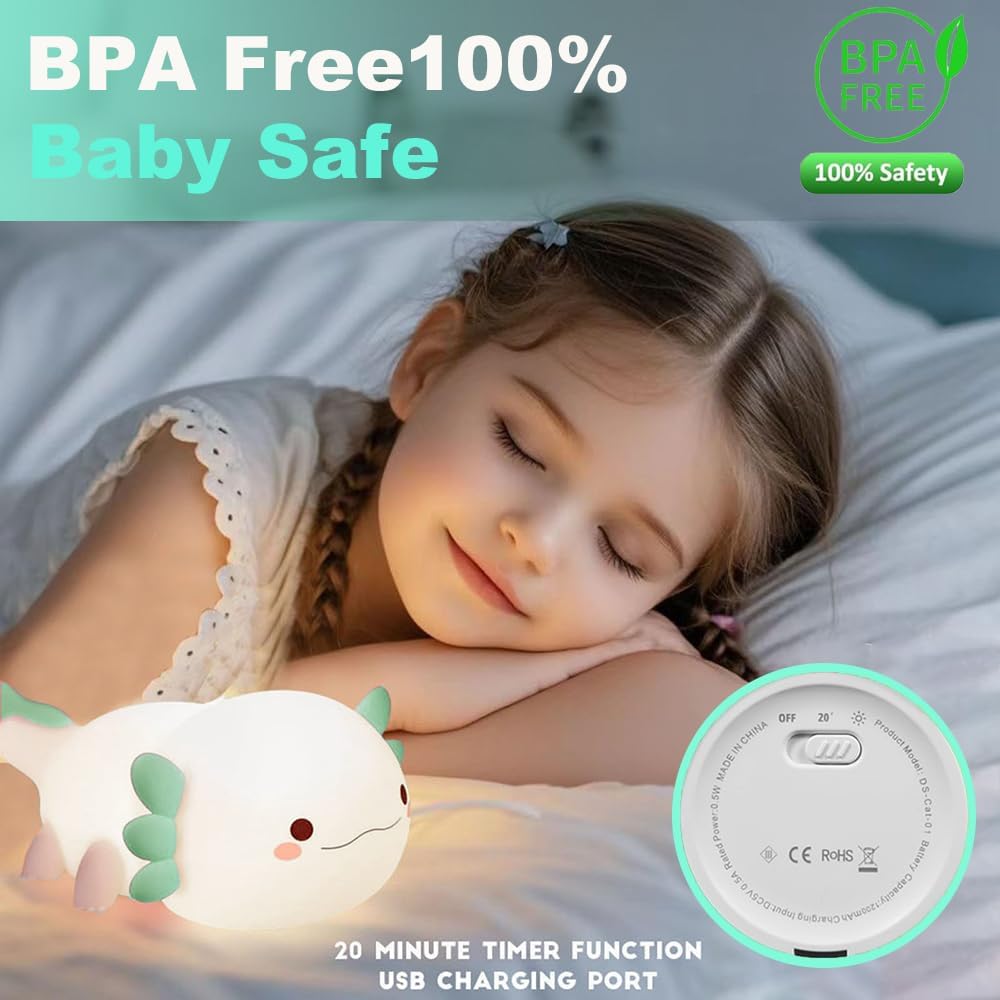 Cute Axolotl Night Light for Kids Bedroom, Animal Silicone Nursery Night Lamp Touch Control Nightlights USB Rechargeable Bedside Lamp for Baby Children Toddlers Girls Gift