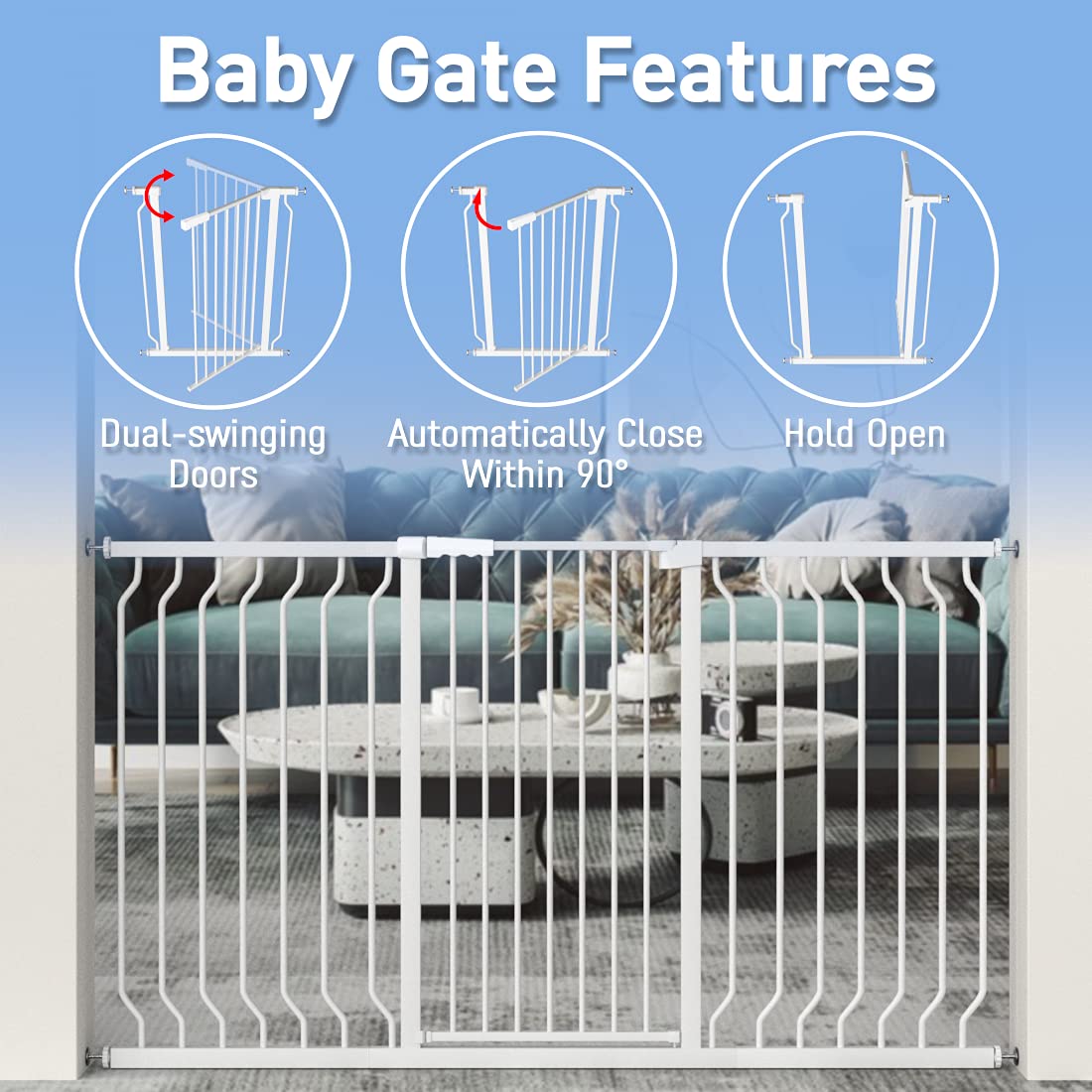WAOWAO Extra Tall 40.55" Baby Gate 29.53"-32.68" Wide Pressure Mounted Walk Through Swing Auto Close Safety White Metal Toddler Child Dog Pet for Indoor Stairs,Doorways,Kitchen