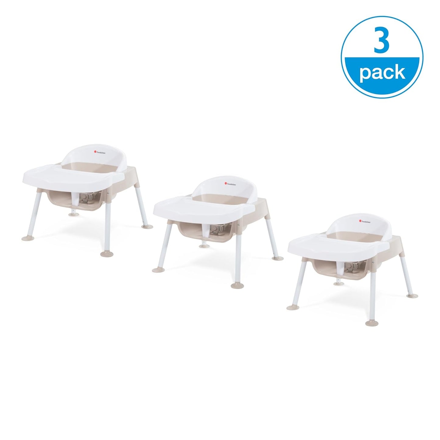 Foundations Secure Sitter Feeding Chairs Multipack, No-Tip Feet, 3-Point Adjustable Harness, Removable Tray, Easy to Clean, Stackable Feeding Chairs, 3 Pack (7 inch)