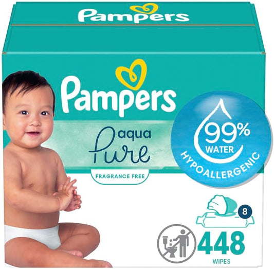 Pampers Baby Wipes Aqua Pure, 99% Water Based Wipes, Hypoallergenic and Unscented Infant Wipe, 448 Total (8 Flip-Top Packs)