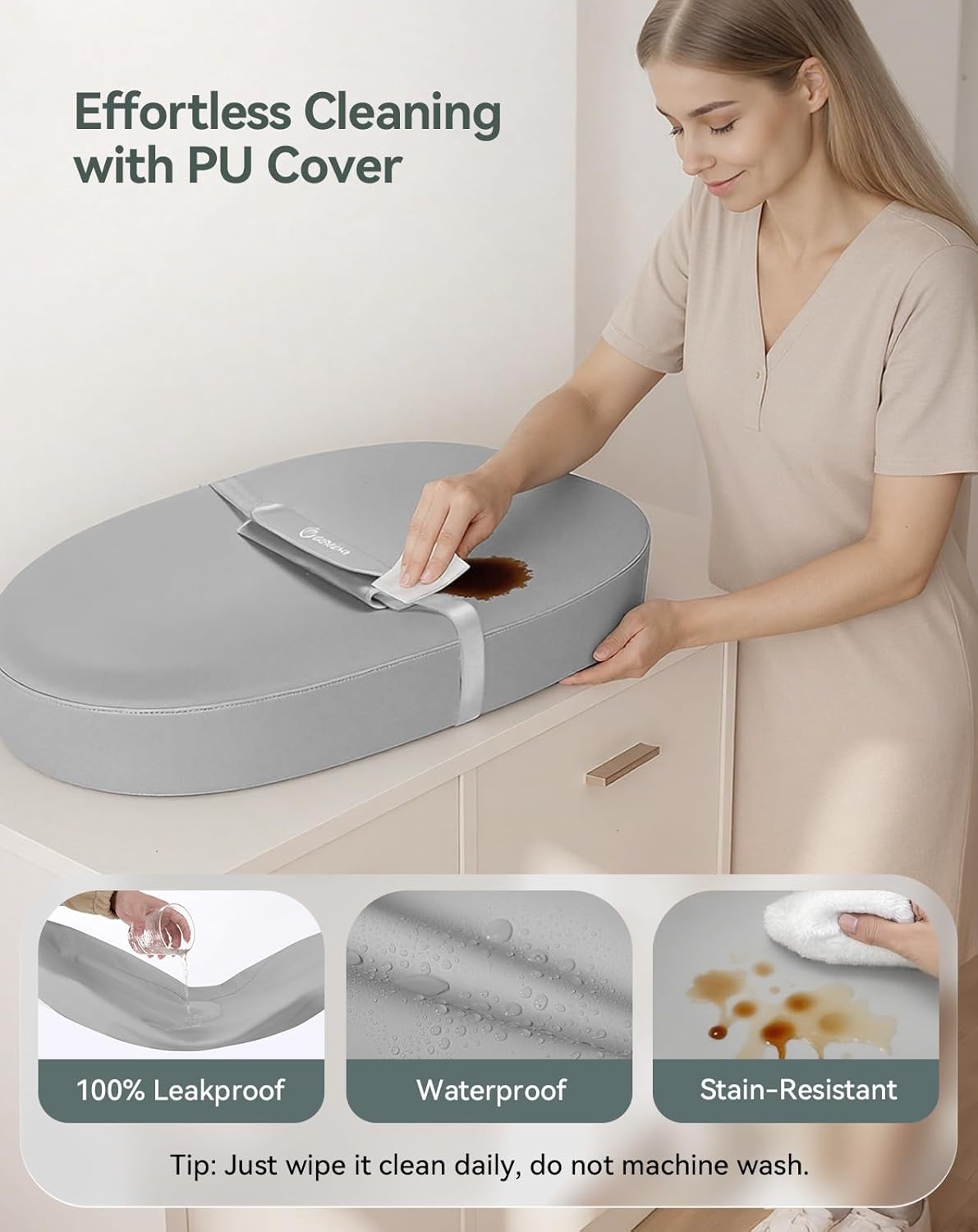 COMOMY Baby Changing Pad with Wipeable & Waterproof PU Cover, Contoured Diaper Changing Pad for Dresser with Non-Slip Safety Belt, Portable and Lightweight, Large Cushioned Foam, Gray