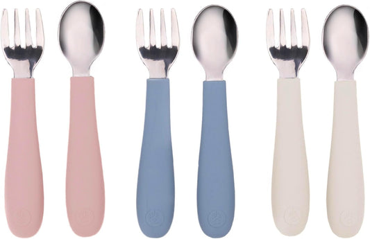 WeeSprout Toddler Utensils, 3 Forks & 3 Spoons, 18/8 Stainless Steel & Food Grade Silicone, Thick Easy-Grip Handles, Perfect Length For New Self Feeders, Gentle On Gums & Teeth, Dishwasher Safe