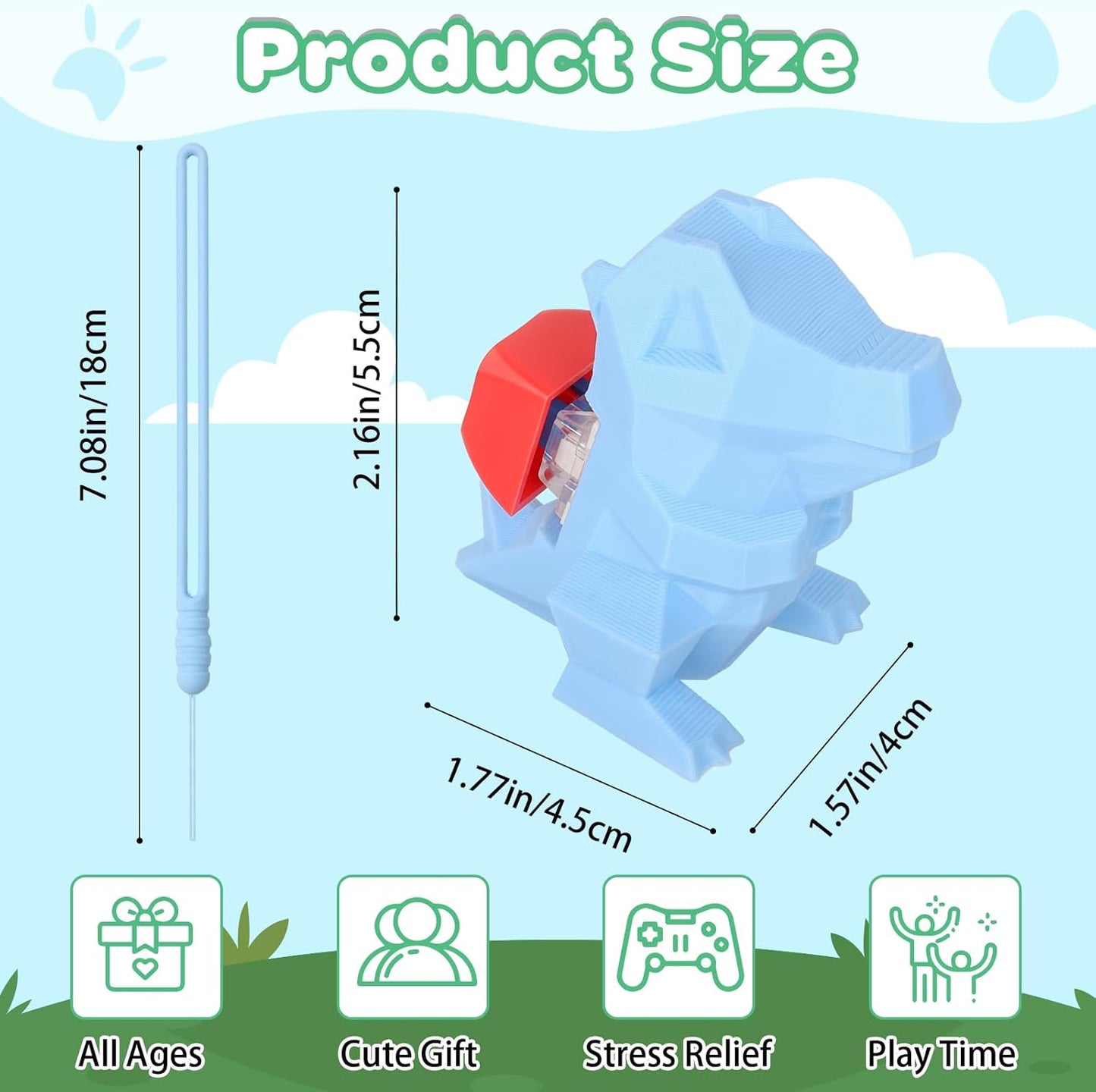 3D Printed Dinosaur Keyboard Fidget Toy for Adults Clicker Keychain Sensory Toys for Anxiety Stress Relief (Blue Dinosaur)