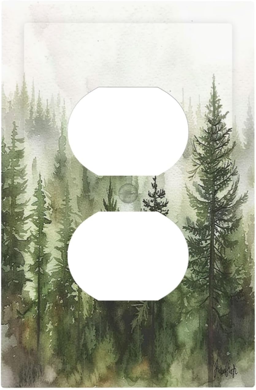 Outlet Covers Green Forest Watercolor Painting Foggy Pine 1 Gang Duplex Wall Plate Decorative Switch Plates Electrical Receptacle Faceplate Light Switch Cover for Bedroom living Room Decor