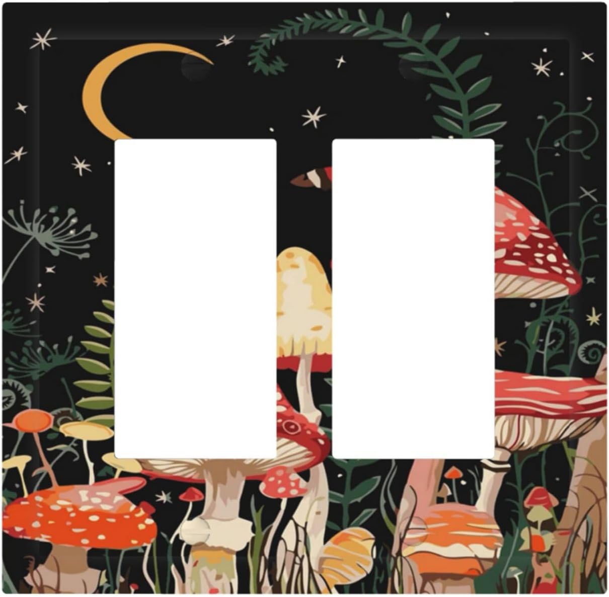 Moon Star Red Mushroom Forest Butterfly Green Plant Decorative Outlet Covers 2 Gang Double GFCI Rocker Electrical Wall Panels Light Switch Cover Plate for Kids Room Home Decor